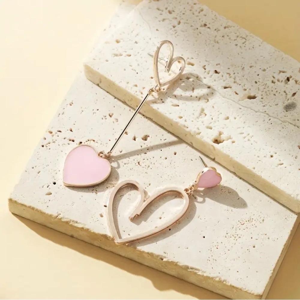 Pink Heart Earrings Rose Gold Tone Enameled Asymmetric Hypoallergenic